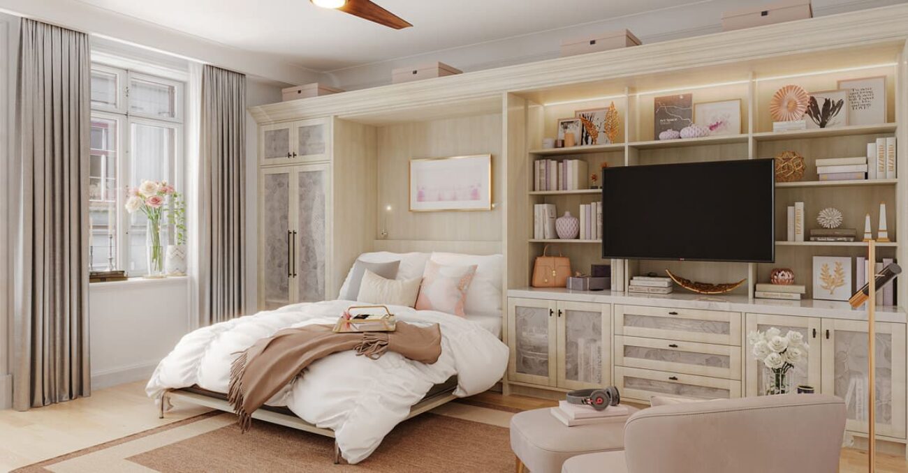 Elegant cream-toned wall bed with TV display, decorative shelving, and frosted glass cabinet doors