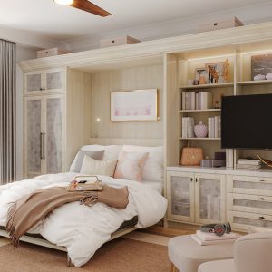 Elegant cream-toned wall bed with TV display, decorative shelving, and frosted glass cabinet doors