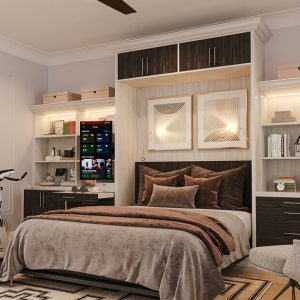 Workout room with convertible Murphy bed with dual tone built-in cabinetry and crown molding