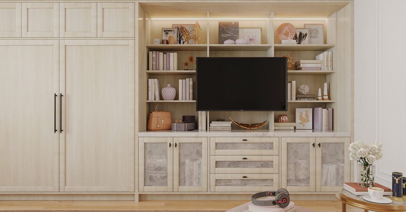 Custom Murphy bed concealed in light woodgrain cabinetry