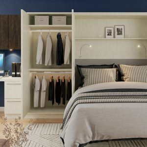Murphy bed flanked with wardrobe closet and built-in work station desk including flexi and LED lighting