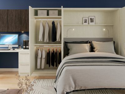 Murphy bed flanked with wardrobe closet and built-in work station desk including flexi and LED lighting