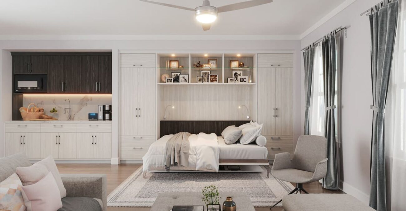 Custom Murphy bed with light woodgrain melamine and LED lighting, glass floating shelves, and custom cabinetry