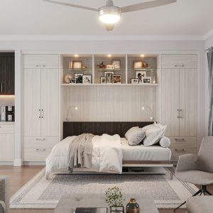 Custom Murphy bed with light woodgrain melamine and LED lighting, glass floating shelves, and custom cabinetry