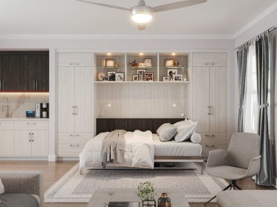Custom Murphy bed with light woodgrain melamine and LED lighting, glass floating shelves, and custom cabinetry