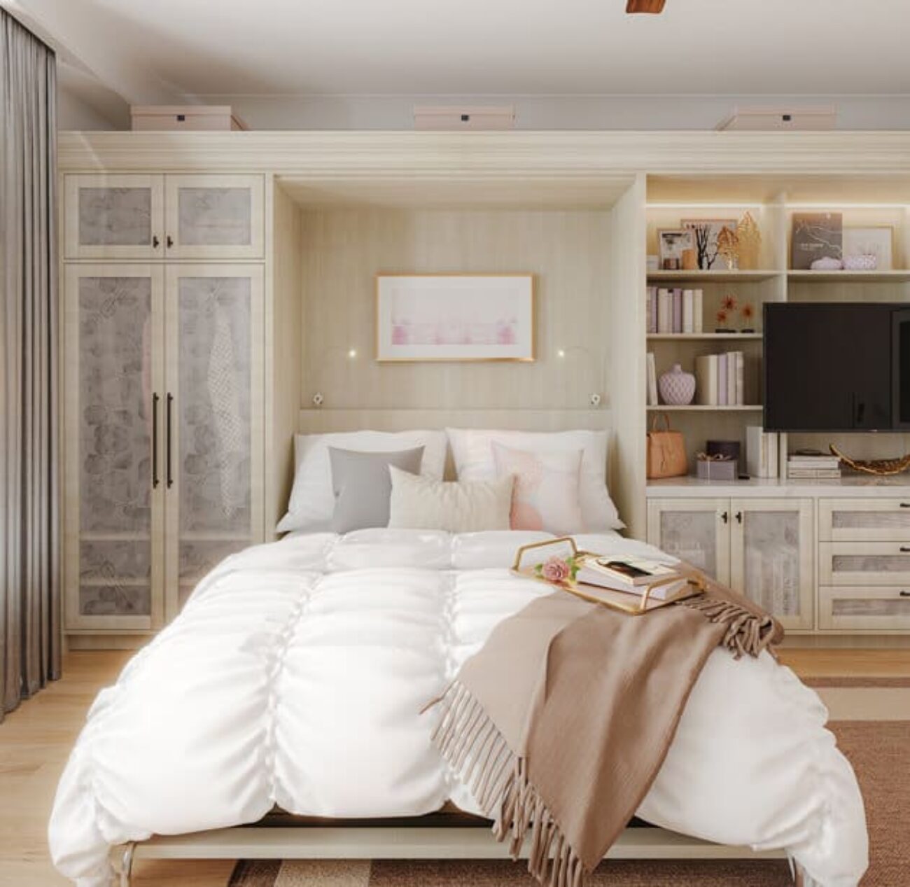Custom Murphy Bed with decorative glass cabinet doors and flexi lighting