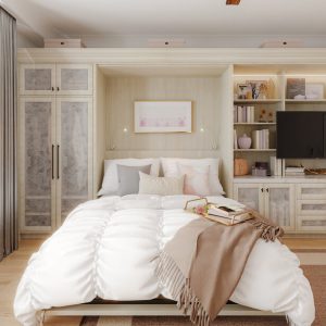 Custom Murphy Bed with decorative glass cabinet doors and flexi lighting