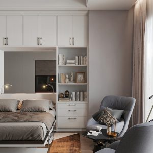 Custom murphy bed with open display shelving
