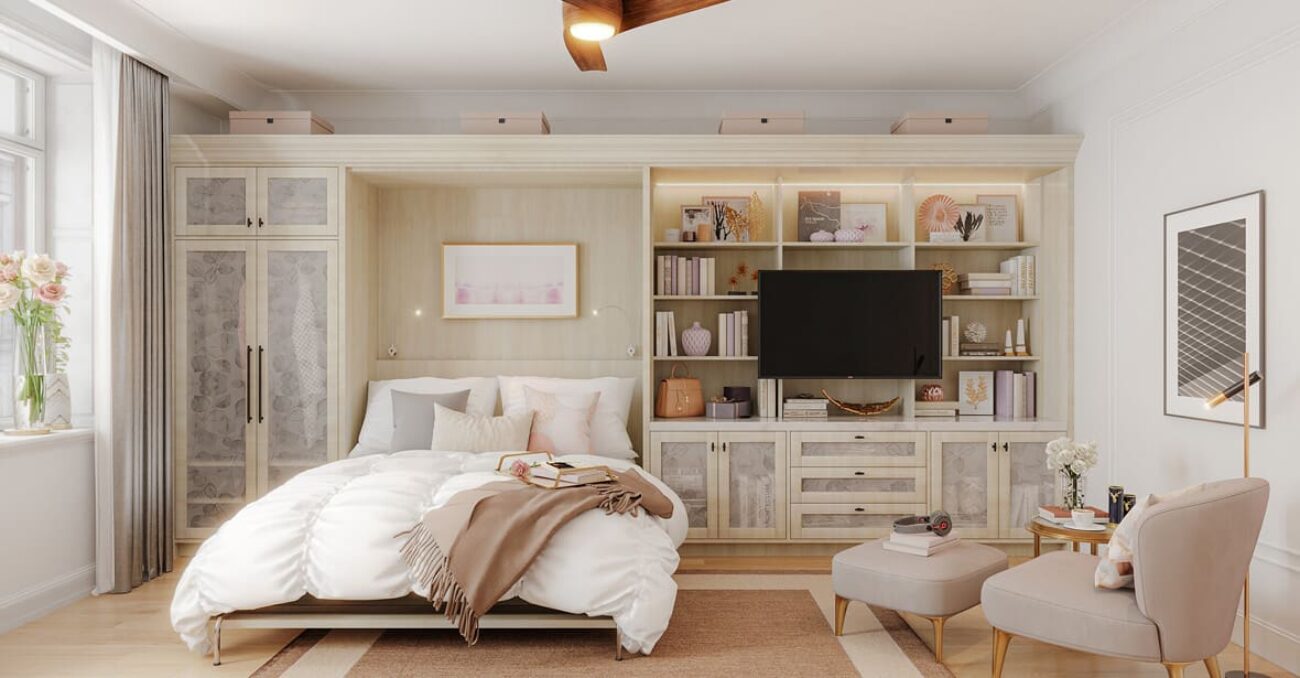 Custom Murphy Bed with decorative glass cabinet doors and built in TV mount