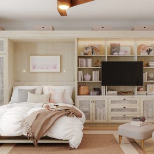 Custom Murphy Bed with decorative glass cabinet doors and built in TV mount