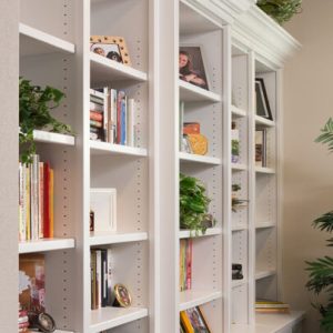 White built-in bookcase with crown molding and lower cabinetry