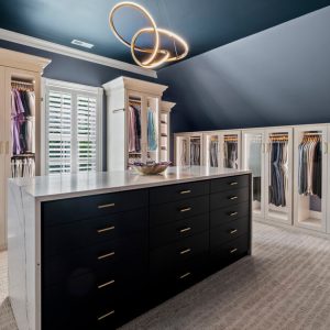Wardrobe closet with all glass door fronts and black central island with flat front door faces and waterfall edge marble countertop.