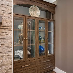 Built-in wall unit in Rocky Mountain with LED light strips and glass inserts.