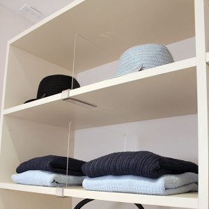 Movable clip on Lucite shelf dividers