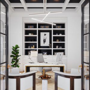 Office wall unit with lower drawers and upper open shelving with black backing.