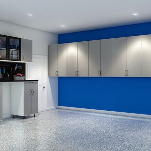 Grey high-gloss upper cabinetry with black slatwall organizer and accent glass-front doors.