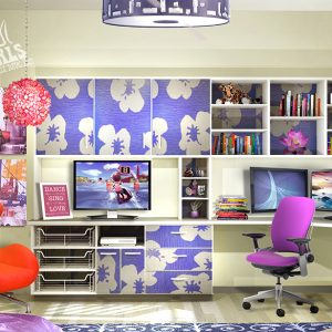 Corner desk and custom built in shelving for kids bedroom