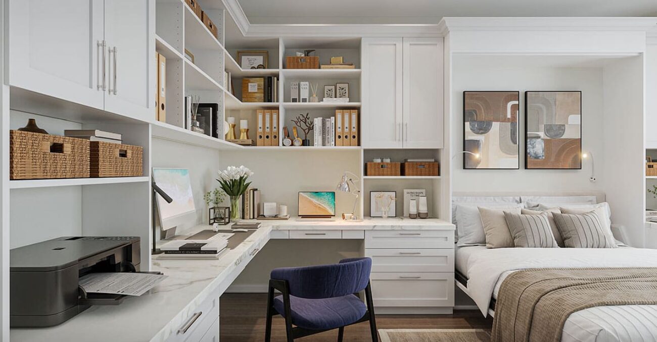 Wall bed built into shaker cabinetry in office, includes crown molding and goose neck lighting.