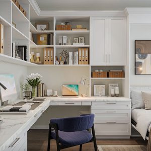 Wall bed built into shaker cabinetry in office, includes crown molding and goose neck lighting.