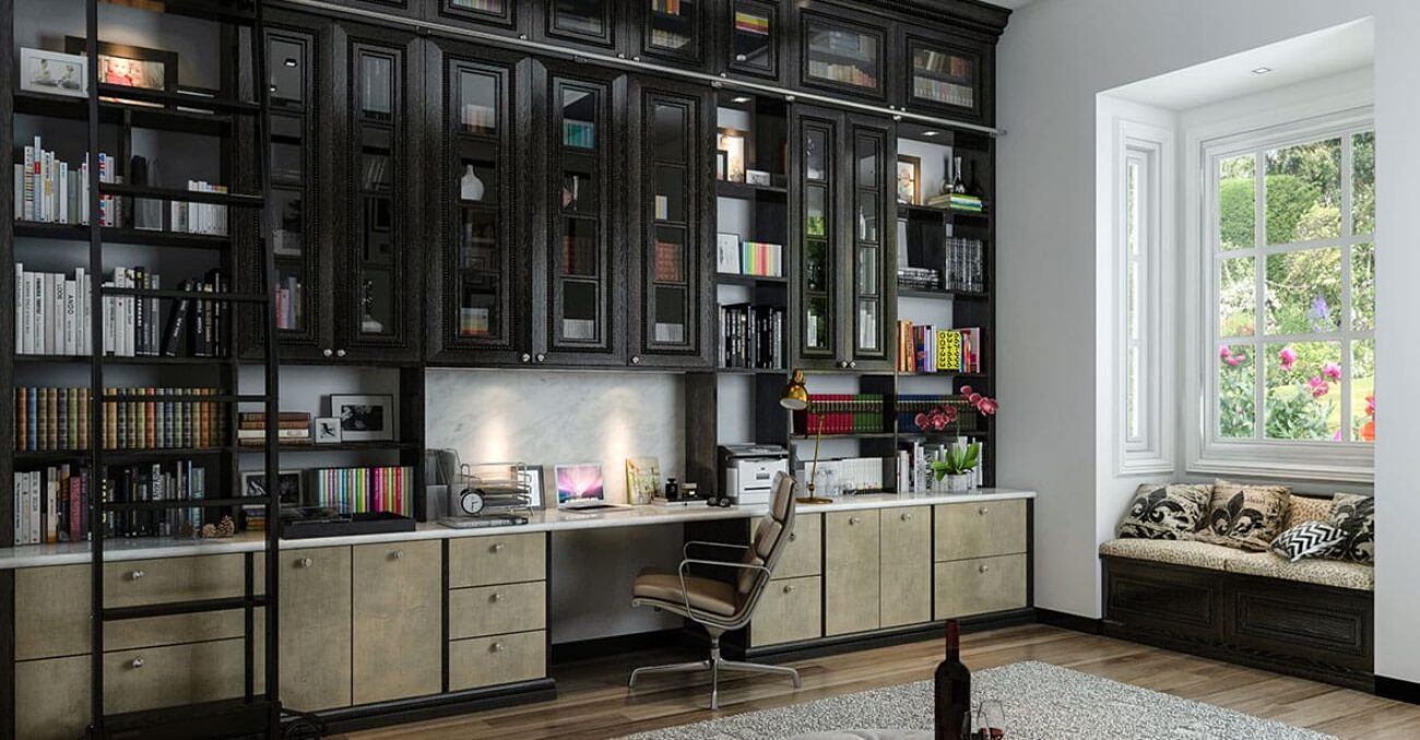 Home office wall unit with rolling ladder, glass panel doors, and integrated LED lighting.