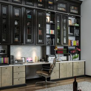 Home office wall unit with rolling ladder, glass panel doors, and integrated LED lighting.