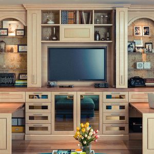 Hardrock Maple wall unit with pull-out desks and mirrored front doors.