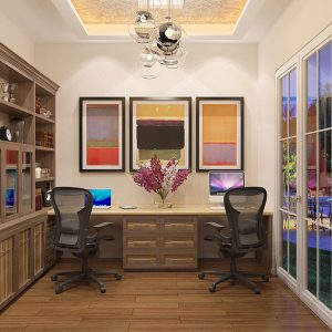 Home office cabinetry in Rocky Mountain melamine with dual work stations and glass paneled doors.