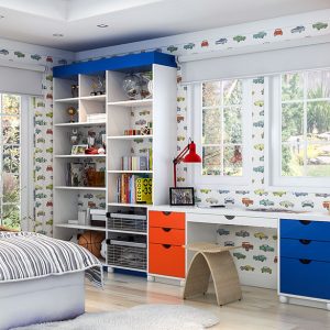 Red, white, and blue melamine built in cabinetry with built-in desk.