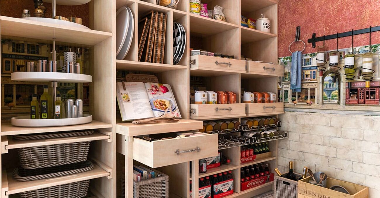 Maple walk-in pantry with cutting board cart.