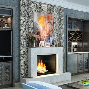 Wall unit and media center with integrated TV mount and wine storage in wet bar.