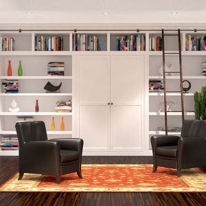 Custom wraparound floor-to-ceiling library shelving with built-in desk, crown molding, and a rolling ladder system.