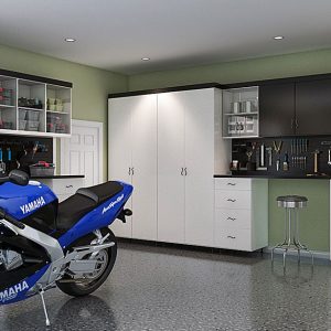 Two-tone cabinet system in high-gloss white and black, glass front doors, open shelving, and decorative pulls.