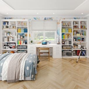 Kids Room Cabinetry in white with a bed in the foreground