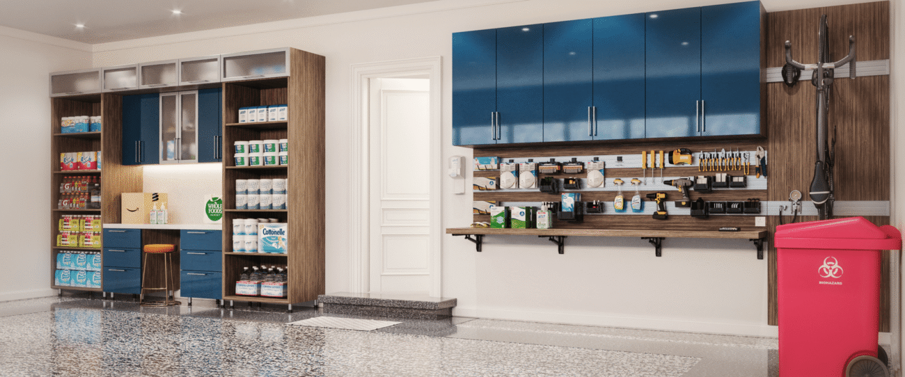 Custom garage storage system with wall cabinets, tool organization, and shelving for household supplies.