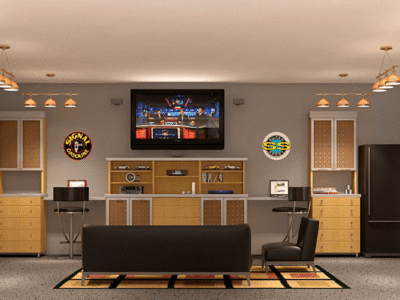 Custom garage with wall storage, workstations, media center, and tool organization.