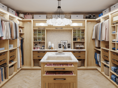 Wood-toned walk-in closet with hanging storage, drawer organization, and a central island.