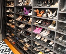 wall of shoe shelves