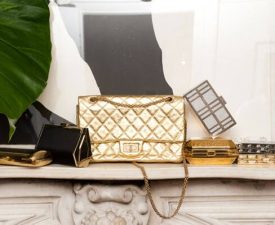 Chanel handbags on fireplace