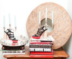 display with shoes and books